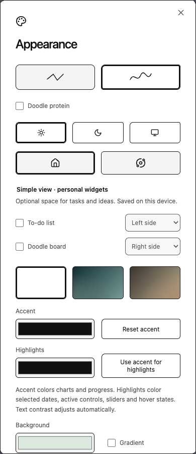 Appearance menu with visual style, color theme and opening-view controls
