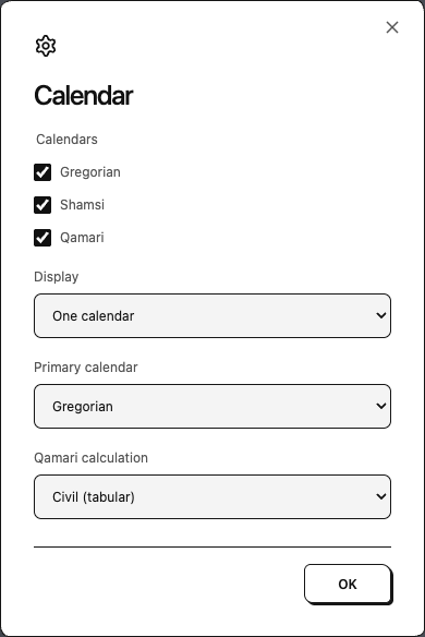 Calendar settings with Gregorian, Shamsi and Qamari choices