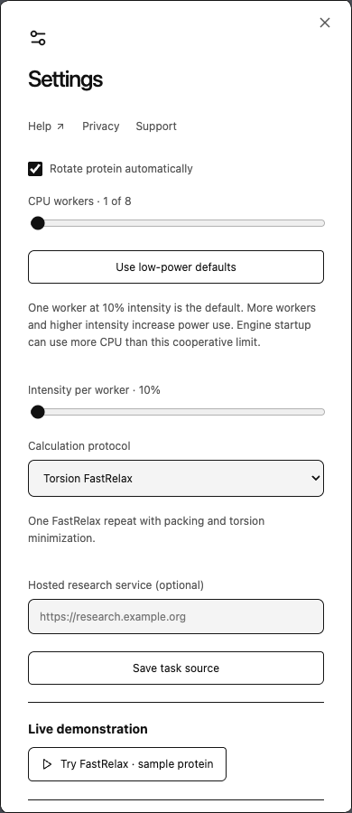 Computation settings including rotation, worker count, intensity and protocol