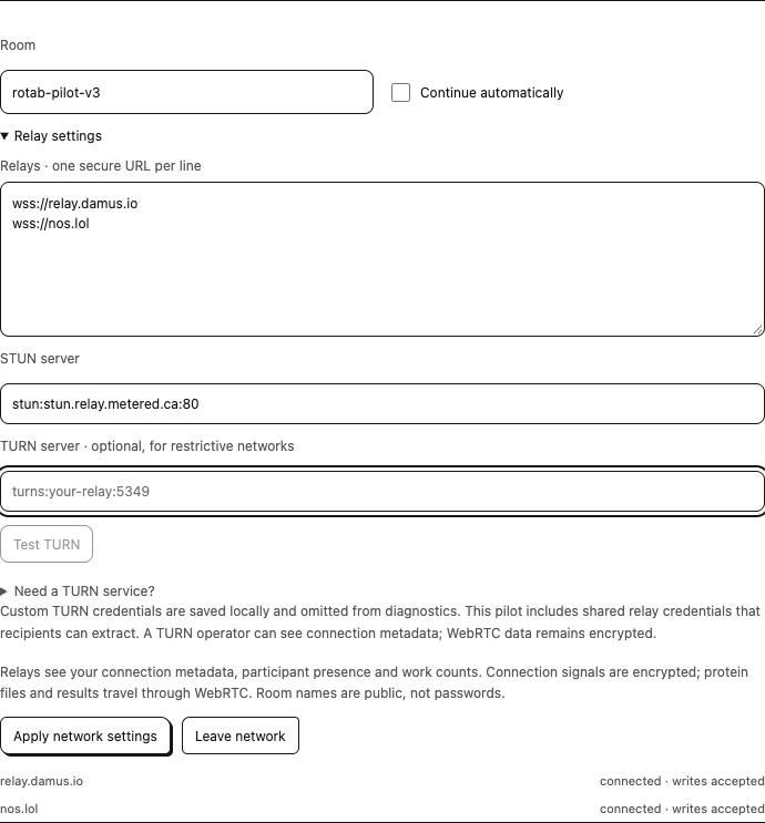 Connection settings with room, automatic continuation, relay list and optional TURN