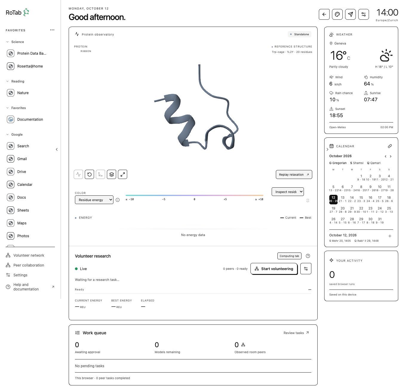 Detailed protein dashboard with viewer controls and volunteer setup