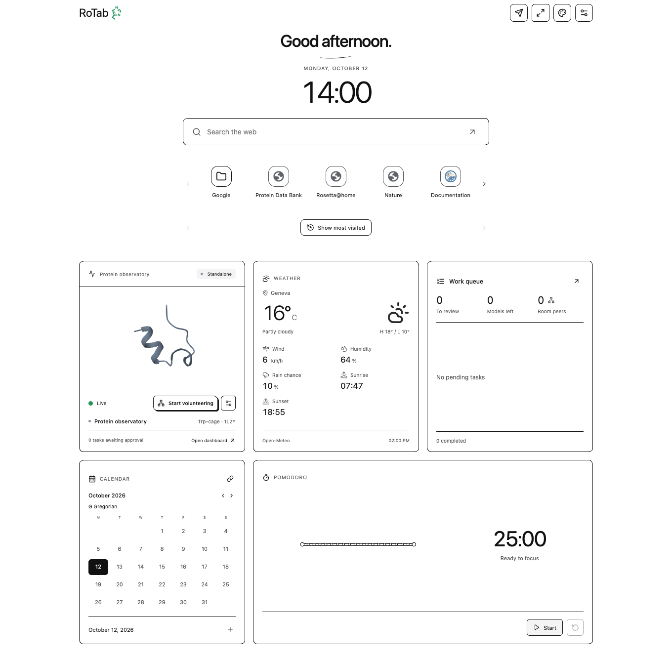 Simple new-tab view with protein, search, shortcuts and personal widgets