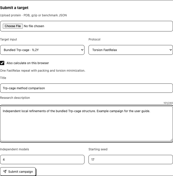 Target submission with input, protocol, description, model count and local participation